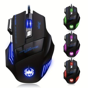 Zelotes T-80 Ergonomic Wired Gaming Mouse, Right-Hand Orientation, Optical Movement Detection, 7200 DPI, 7 Programmable Buttons, RGB LED, No Battery Required, Compatible with PC/Mac Pro Gamer